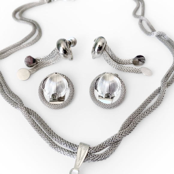 Vintage Continental Silver-tone Mesh Jewelry Set Necklace Earrings Pairs Lot - Picture 3 of 9
